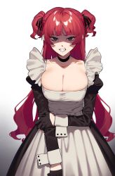 Rule 34 | 1girl, 2l (2lsize), absurdres, black gloves, breasts, choker, cleavage, clenched teeth, frills, gloves, gradient background, highres, large breasts, long hair, looking at viewer, maid, original, purple eyes, red hair, shaded face, solo, teeth, two side up