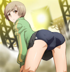 Rule 34 | 1girl, arm support, ass, bent over, brown eyes, brown hair, buruma, checkered clothes, checkered skirt, fog, from behind, grey skirt, highres, jacket, looking back, miniskirt, pantylines, persona, persona 4, pleated skirt, satonaka chie, short hair, skirt, solo, tabigarasu, track jacket, unmoving pattern