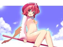 Rule 34 | 00s, 1girl, behoimi, breasts, day, hat, medium breasts, nipples, nude, nude filter, pani poni dash!, red eyes, red hair, sikorsky, sitting, sky, solo, staff, third-party edit