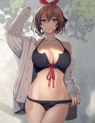 Rule 34 | 1girl, arm up, bikini, bikini bottom pull, bikini under clothes, black bikini, breasts, brown hair, cardigan, cleavage, collarbone, commentary request, front-tie top, green eyes, grey cardigan, hair between eyes, hairband, highres, kantai collection, kasumi (skchkko), large breasts, looking at viewer, mutsu (kancolle), navel, open cardigan, open clothes, outdoors, parted lips, pulling own clothes, red hairband, short hair, simple background, sleeves past wrists, smile, solo, swimsuit