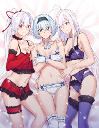Rule 34 | 3girls, 86 -eightysix-, antenna hair, arm around waist, bare shoulders, bed sheet, black choker, black hairband, blue eyes, blue hair, bow, bow bra, bow panties, bra, breasts, choker, cleavage, collar, collarbone, creator connection, crossed arms, crossover, detached sleeves, fate/grand order, fate (series), feet out of frame, frilled gloves, frills, from above, garter belt, garter straps, girl sandwich, gloves, gluteal fold, hair ribbon, hairband, hands on another&#039;s shoulders, high ponytail, long hair, long sleeves, lying, medium breasts, multiple girls, navel, neck ribbon, on back, panties, purple bra, purple eyes, purple legwear, purple panties, red bra, red eyes, red panties, red ribbon, ribbon, ryuuou no oshigoto!, sandwiched, saruno (eyesonly712), short hair, silver hair, small breasts, sora ginko, sparkle, stomach, take your pick, thigh strap, thighhighs, tomoe gozen (fate), underwear, underwear only, very long hair, vladilena millize, white bra, white gloves, white legwear, white panties, white ribbon