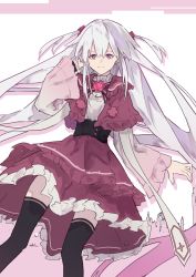 Rule 34 | 1girl, bad id, bad pixiv id, bow, bowtie, collar, cross, dress, feet out of frame, frilled dress, frilled sleeves, frills, hair between eyes, hair ornament, hand up, highres, ken1212ab, long hair, multicolored hair, original, pink collar, pink dress, pink hair, scrunchie, shirt, simple background, smile, solo, streaked hair, thighhighs, twintails, two-tone hair, very long hair, white background, white hair, white shirt