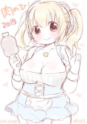 Rule 34 | 10s, 1girl, 2015, blonde hair, blush, breasts, brown eyes, cleavage, food, headphones, idu michito, jewelry, large breasts, looking at viewer, meat, necklace, nitroplus, plump, smile, solo, standing, star (symbol), super pochaco, twintails
