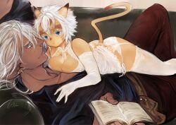 Rule 34 | 1boy, 1girl, :o, adventurer (ff11), animal ears, bare shoulders, blue eyes, book, breasts, cat ears, cat girl, cat tail, cleavage, closed mouth, colored eyelashes, couple, dark-skinned male, dark skin, doraeshi, earrings, elbow gloves, elf, elvaan, final fantasy, final fantasy xi, garter straps, gloves, hair between eyes, holding, holding book, jewelry, lingerie, looking at another, lying, lying on person, medium breasts, mithra (ff11), multiple earrings, on back, open book, open mouth, panties, pointy ears, smile, tail, tail raised, thighhighs, underwear, white gloves, white hair, white panties, white thighhighs