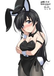 Rule 34 | 10s, 1girl, absurdres, animal ears, arm grab, armlet, artist logo, black bow, black bowtie, black eyes, black hair, black leotard, black pantyhose, blush, bow, bowtie, breast hold, breasts, cleavage, closed mouth, commentary, cowboy shot, dated, fake animal ears, fake tail, fishnet pantyhose, fishnets, frown, girls und panzer, hand on own face, head tilt, highleg, highleg leotard, highres, isuzu hana, leotard, lips, long hair, looking at viewer, medium breasts, one-hour drawing challenge, pantyhose, playboy bunny, rabbit ears, rabbit tail, shiina excel, side-tie leotard, simple background, solo, standing, strapless, strapless leotard, tail, twitter username, white background, wrist cuffs