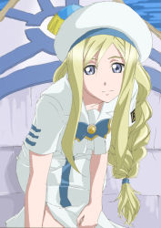 Rule 34 | 00s, 1girl, alicia florence, aria (manga), bed, bed sheet, beret, blonde hair, blouse, blue eyes, brooch, dress, gem, hat, jewelry, long hair, looking at viewer, on bed, shirt, short sleeves, sitting, solo, upper body, very long hair, white dress, white shirt, yomi (indigoriver)