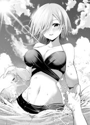 Rule 34 | 1girl, bikini, black bikini, blush, breasts, cleavage, cloud, collarbone, hair over one eye, highres, holding hands, lens flare, looking at viewer, medium breasts, monochrome, navel, ocean, open mouth, original, outdoors, partially submerged, pov, ryopa, short hair, signature, sky, smile, solo, stomach, swimsuit