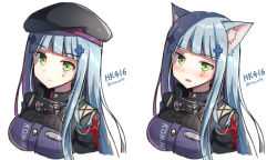 Rule 34 | animal ears, beret, black hat, black jacket, blue hair, blush, breasts, cat ears, closed mouth, facial mark, girls&#039; frontline, green eyes, hair ornament, hat, hk416 (girls&#039; frontline), jacket, kemonomimi mode, long hair, looking at viewer, mauve, medium breasts, multiple views, parted lips, simple background, twitter username, very long hair, white background