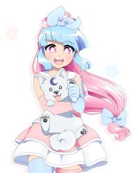 Rule 34 | 1girl, absurdres, animal, asymmetrical gloves, asymmetrical legwear, blue bow, blue gloves, blue hair, blue thighhighs, blush, bow, commission, dog, doopiedoover, dyed bangs, elbow gloves, gloves, hair bow, highres, holding, holding animal, long hair, looking at viewer, mismatched gloves, mismatched legwear, multicolored hair, open mouth, original, pink eyes, pink gloves, pink hair, pink thighhighs, ponytail, smile, solo, teeth, thighhighs, two-tone hair, upper teeth only, very long hair
