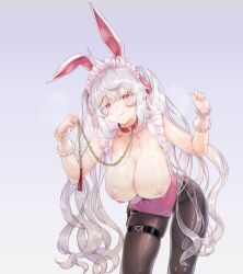 Rule 34 | 1girl, absurdres, ahoge, animal collar, animal ears, black pantyhose, blush, breasts, breasts out, chain, closed mouth, collar, fake animal ears, frills, grey background, hands up, highres, indie virtual youtuber, kiyama satoshi, large breasts, leaning forward, leotard, long hair, looking at viewer, maid headdress, meichan (mingming), nipples, pantyhose, pink hair, pink leotard, playboy bunny, rabbit ears, redcircle, simple background, solo, thigh strap, twintails, very long hair, virtual youtuber, white hair, wrist cuffs
