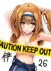 Rule 34 | 10s, 1girl, adjusting hair, amagami (makise tsubaki), bad id, bad pixiv id, blush, breasts, brown eyes, brown hair, caution tape, censored, censored nipples, character name, collarbone, hair between eyes, hair tie, hairband, highres, i-26 (kancolle), kantai collection, keep out, large breasts, light brown hair, long hair, looking at viewer, mouth hold, navel, one-piece tan, solo, swimsuit, tan, tanline, tape censor, two-tone hairband, two side up, tying hair, upper body