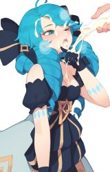 Rule 34 | 1boy, 1girl, absurdres, ahoge, bare shoulders, black gloves, blue eyes, blue hair, blush, bottle, drill hair, gloves, gwen (league of legends), highres, holding, holding bottle, league of legends, long hair, one eye closed, open mouth, pepper0, sexually suggestive, simple background, steam, suggestive fluid, teeth, white background