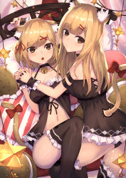 Rule 34 | 2girls, absurdres, animal ear fluff, animal ears, arm belt, arm up, ass, babydoll, bare shoulders, bell, neck bell, black choker, black legwear, black nails, black panties, blush, bow, breasts, brown eyes, brown hair, cat cutout, cat ears, cat girl, cat tail, choker, cleavage, clothing cutout, collar, collarbone, commentary, diagonal stripes, english commentary, fang, frilled legwear, frilled pillow, frills, hair ornament, hairclip, halterneck, holding hands, heart, heart-shaped pillow, highres, interlocked fingers, jingle bell, long hair, lying, masaki (msk064), medium breasts, multiple girls, nail polish, navel, on back, open mouth, original, panties, pillow, red bow, star (symbol), striped, tail, tail bow, tail through clothes, tail ornament, thighhighs, underwear, underwear only, wrist cuffs, x hair ornament
