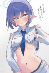 Rule 34 | aoi (blue archive), black panties, blue archive, blue hair, blue necktie, blush, breasts, commentary request, earosoligt, gloves, halo, highres, medium breasts, midriff, mole, mole under eye, navel, necktie, panties, partial commentary, short hair, underwear, white gloves