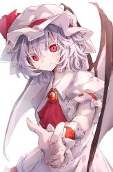 Rule 34 | 1girl, absurdres, bat wings, brooch, closed mouth, collared dress, colored eyelashes, commentary request, darjeeling (reley), dress, grey hair, hair between eyes, hat, hat ribbon, highres, jewelry, looking at viewer, mob cap, nail polish, pink nails, puffy short sleeves, puffy sleeves, red eyes, red neckwear, red ribbon, remilia scarlet, ribbon, short hair, short sleeves, simple background, sketch, smile, solo, touhou, white background, white dress, white hat, white wings, wings, wrist cuffs
