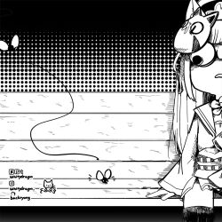 Rule 34 | 1girl, animal ears, bench, blue archive, blunt bangs, bug, commentary, english commentary, fly, fox ears, fox girl, fox mask, gloom (expression), greyscale, halo, insect, japanese clothes, long hair, long sleeves, looking at another, mask, monochrome, obi, park bench, pleated skirt, sash, school uniform, serafuku, side slit, sidelocks, simple background, skirt, wakamo (blue archive), whitydragon