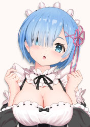 1girl absurdres bare_shoulders blue_eyes blue_hair breasts cleavage gibun_(sozoshu) highres looking_at_viewer re:zero_kara_hajimeru_isekai_seikatsu rem_(re:zero) roswaal_mansion_maid_uniform short_hair solo