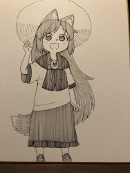 Rule 34 | 1girl, :d, aged down, animal ear fluff, animal ears, blouse, blush, greyscale, hand on headwear, hand up, hat, highres, imaizumi kagerou, long hair, looking at viewer, monochrome, open mouth, poronegi, scarf, shirt, shoes, skirt, smile, solo, standing, sun hat, tail, touhou, very long hair, wolf ears, wolf tail