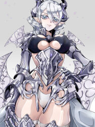 Rule 34 | 1girl, armor, breasts, covered erect nipples, demon girl, duel monster, earrings, gauntlets, grey eyes, grey hair, hair between eyes, highres, horns, jewelry, lady labrynth of the silver castle, large breasts, lovely labrynth of the silver castle, low wings, pointy ears, revealing clothes, short hair, slit pupils, solo, transparent wings, wings, yu-gi-oh!, yukitaka (zzzzz)