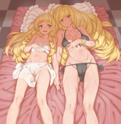 Rule 34 | 2girls, bikini, black bikini, blonde hair, braid, breasts, cleft of venus, commission, creatures (company), game freak, green eyes, highres, holding hands, lillie (pokemon), long hair, looking at viewer, lusamine (pokemon), lying, medium breasts, mother and daughter, multiple girls, navel, nintendo, on back, open mouth, parted lips, pillow, pixiv commission, pokemon, pokemon (anime), pokemon sm049, pokemon sm (anime), side-tie bikini bottom, small breasts, smile, sweat, swimsuit, tenako (mugu77), twin braids