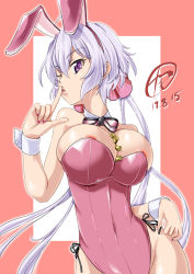 Rule 34 | 1girl, ahoge, animal ears, areola slip, between breasts, breasts, detached collar, fake animal ears, finger to mouth, highres, large breasts, leotard, light purple hair, long hair, looking at viewer, low twintails, nail polish, pink leotard, playboy bunny, purple eyes, rabbit ears, scrunchie, senki zesshou symphogear, shiny skin, solo, standing, strapless, strapless leotard, tamo (nama-yatsuhashi), twintails, wrist cuffs, yukine chris