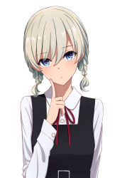 Rule 34 | 1girl, blue eyes, braid, dress, dress shirt, hair between eyes, head tilt, highres, index finger raised, looking at viewer, low twintails, neck ribbon, original, parted lips, pinafore dress, red ribbon, ribbon, shirt, short hair, short twintails, silver hair, simple background, sleeveless dress, solo, twin braids, twintails, upper body, white background, white shirt, yahiro (epicopeiidae)