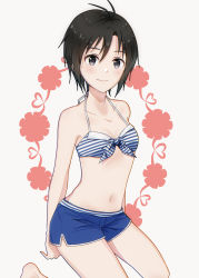 Rule 34 | 1girl, antenna hair, arms behind back, bare shoulders, bikini, bikini top only, black eyes, black hair, blue shorts, blush, breasts, closed mouth, collarbone, flower, front-tie bikini top, front-tie top, hair between eyes, halterneck, highres, idolmaster, idolmaster (classic), idolmaster 2, kikuchi makoto, light blush, light smile, looking at viewer, midriff, mogskg, navel, short hair, short shorts, shorts, sitting, small breasts, solo, striped bikini, striped clothes, swimsuit, wariza, white background