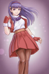 Rule 34 | 1girl, asamiya athena, belt, brown pantyhose, commentary, earrings, fingerless gloves, gloves, grin, hairband, highres, jewelry, long hair, necklace, pantyhose, pearl necklace, pleated skirt, purple eyes, purple hair, red hairband, red vest, shirt, skirt, smile, snk, solo, the king of fighters, the king of fighters &#039;97, turtleneck, tyanoki, vest, white shirt