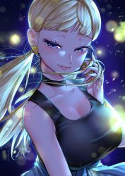Rule 34 | 1girl, black choker, black tank top, blonde hair, blue skirt, blush, breasts, choker, cleavage, collarbone, cover, cover image, cover page, dosanko gal wa namaramenkoi, earrings, fuyuki minami, hair behind ear, highres, ikada kai, jewelry, large breasts, lens flare, low twintails, manga cover, official art, purple eyes, skirt, smile, solo, tank top, triangle earrings, twintails, upper body