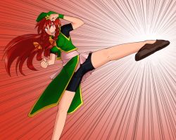 Rule 34 | 1girl, adapted costume, bad id, bad pixiv id, bike shorts, braid, clenched hands, emphasis lines, female focus, hat, hong meiling, kicking, long hair, mashio, open mouth, red eyes, red hair, sleeveless, solo, star (symbol), touhou, twin braids
