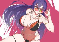 Rule 34 | 1girl, bambietta basterbine, bangle, bikini, bleach, bracelet, breasts, chain, earrings, floating hair, hair between eyes, hair ornament, highres, initialdkirby, jewelry, large breasts, long hair, looking at viewer, quincy (bleach), simple background, smile, solo, sternritter, sunglasses, swimsuit