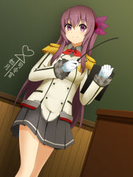 Rule 34 | 1girl, ai ai gasa, alternate costume, bad id, bad nicoseiga id, brown eyes, brown hair, chalkboard, cosplay, dutch angle, epaulettes, from below, gloves, hair ornament, highres, holding, kantai collection, kashima (kancolle), kashima (kancolle) (cosplay), kisaragi (kancolle), long hair, looking at viewer, military, military uniform, miniskirt, pleated skirt, riding crop, skirt, smile, solo, translation request, uniform, white gloves, yakitori (oni)