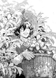 Rule 34 | 1boy, absurdres, apple, basket, bush, closed eyes, collarbone, collared shirt, constantine xi (fate), dirty, dirty face, earrings, fate/grand order, fate (series), food, fruit, gloves, greyscale, happy, hat, highres, holding, holding basket, jewelry, male focus, monochrome, open mouth, shirt, shooou 0104, short hair, solo, straw hat, sweatdrop, upper body, vest