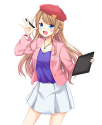 Rule 34 | 1girl, :d, blazer, blue eyes, blush, brown hair, clover, collarbone, commentary request, cowboy shot, earrings, four-leaf clover, fukazawa ayaka, half updo, hand up, highres, holding, holding stylus, holding tablet pc, jacket, jewelry, long hair, long sleeves, looking at viewer, miniskirt, necklace, open clothes, open jacket, open mouth, original, pink jacket, purple shirt, red headwear, ryucchi, shirt, sidelocks, simple background, skirt, smile, solo, standing, stylus, tablet pc, thighs, watch, white background, white skirt, wing collar, wristwatch