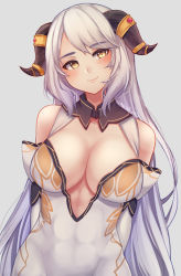 Rule 34 | 1girl, abs, arms behind back, bare shoulders, blush, breasts, closed mouth, collared dress, commentary, dated, demon horns, dress, english commentary, gradient hair, grey background, grey hair, head tilt, horn ornament, horn ring, horns, large breasts, long hair, looking at viewer, multicolored hair, original, purple hair, see-through, see-through dress, signature, simple background, smile, solo, temachii, upper body, very long hair, yellow eyes