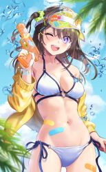 Rule 34 | 1girl, bandaid on stomach, bandaid on thigh, bikini, black hair, blue sky, breasts, cloud, collarbone, commentary request, eyelashes, gluteal fold, green scrunchie, hair ornament, hairclip, halterneck, hand up, highres, holding, holding water gun, jacket, letta illust, light blush, long hair, long sleeves, looking at viewer, medium breasts, navel, one eye closed, open clothes, open jacket, open mouth, original, over shoulder, plant, purple eyes, scrunchie, side-tie bikini bottom, side ponytail, sky, smile, solo, sticker, stomach, string bikini, swimsuit, thighs, visor cap, water drop, water gun, white bikini, yellow jacket