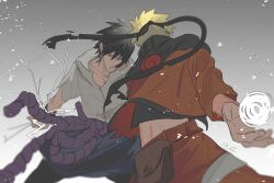 2boys belt black_eyes black_hair black_shirt blonde_hair collared_shirt commentary_request electricity feet_out_of_frame fighting floating_clothes headband highres jacket long_sleeves looking_to_the_side male_focus multiple_boys naruto_(series) naruto_shippuuden oil54341181 orange_pants outstretched_arm pants popped_collar pouch purple_rope rasengan rope rope_belt shirt short_hair short_sleeves sideways_glance snow uchiha_sasuke uzumaki_naruto white_shirt