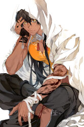 Rule 34 | 1boy, arm strap, arm tattoo, bandaged arm, bandages, black hair, chinese clothes, dark skin, gyou chin, highres, looking at viewer, low ponytail, male focus, muscular, original, pectoral cleavage, pectorals, sitting, sleeveless, tattoo, yellow eyes