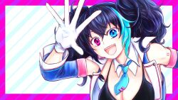 Rule 34 | 1girl, arm tattoo, bikini, black bikini, black hair, black jacket, black sleeves, blue eyes, blue hair, blue necktie, border, breasts, cleavage, cube iso, detached collar, detached sleeves, gloves, hand up, headphones, jacket, large breasts, long hair, looking at viewer, multicolored hair, necktie, number tattoo, open clothes, open jacket, open mouth, pink border, pink eyes, smile, solo, streaked hair, striped background, swimsuit, tattoo, teeth, tie clip, twintails, upper body, upper teeth only, utau, waving, white background, white gloves, yokune ruko