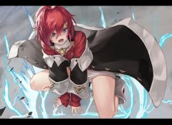 Rule 34 | 1girl, absurdres, ange katrina, ange katrina (1st costume), blue eyes, energy, hair ornament, hairclip, highres, jewelry, kneeling, letterboxed, magic, necklace, nijisanji, open mouth, plaster (2501), red hair, short hair, solo, virtual youtuber, wide sleeves