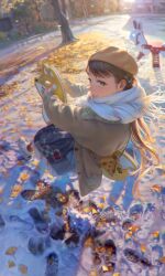 Rule 34 | 1girl, bag, bench, blurry, blurry background, braid, brown coat, brown hair, brown headwear, coat, french braid, from above, green eyes, grin, handbag, highres, leaf, long hair, looking to the side, love live!, love live! superstar!!, namako mikan, outdoors, park, park bench, playground, realistic, sakurakoji kinako, scarf, scenery, skirt, smile, snow, snow print, solo, tree, white footwear, white scarf, winter clothes
