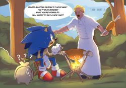 Rule 34 | 2boys, ?, ??, ^^^, angry, blonde hair, blue fur, censored, censored text, chef, chinchila010, cooking, food, frown, gloves, gordon ramsay, grass, hell&#039;s kitchen, highres, holding, holding food, meat, monster hunter (series), multiple boys, open mouth, profanity, red footwear, shouting, sonic (series), sonic frontiers, sonic the hedgehog, surprised, sweatdrop, twitter username, white gloves, wide-eyed