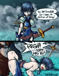 Rule 34 | 1boy, 1girl, angry, before and after, blue eyes, blue hair, breasts, clothed sex, comic, defeat, english text, fire emblem, fire emblem: genealogy of the holy war, hetero, humiliation, instant loss, larcei (fire emblem), nintendo, sequential, sex, speech bubble, sword, text focus, torn clothes, weapon