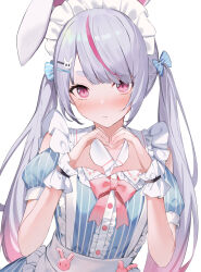 Rule 34 | 1girl, :/, alternate costume, animal ears, apron, blue bow, blue dress, blush, bow, bowtie, closed mouth, clothing cutout, commentary request, dress, enmaided, frilled apron, frilled dress, frilled shirt collar, frills, gradient hair, grey hair, hair bow, hair ornament, hairclip, hands up, heart, heart hands, highres, isaya (pixiv4541633), long hair, looking at viewer, maid, maid headdress, multicolored hair, pink bow, pink bowtie, pink eyes, pink hair, puffy short sleeves, puffy sleeves, rabbit ears, short eyebrows, short sleeves, shoulder cutout, sidelocks, simple background, solo, streaked hair, striped bow, striped clothes, striped dress, swept bangs, thick eyebrows, tosaki mimi, twintails, upper body, virtual youtuber, vspo!, waist apron, white apron, white background, wrist cuffs