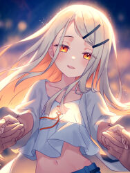 1girl 1other blonde_hair blush camisole coat collarbone commentary_request crop_top gakuen_idolmaster glowing hair_ornament hairclip half-closed_eyes highres holding_hands idolmaster kutori_pan&#039;ya long_hair looking_at_viewer midriff navel night night_sky open_clothes open_coat open_mouth orange_eyes shinosawa_hiro sky smile solo_focus white_camisole white_coat