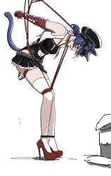 Rule 34 | 1girl, animal ears, arknights, bare shoulders, black eyes, black headwear, black leotard, black panties, black skirt, blue hair, bound, bound arms, bound legs, breasts, cat ears, cat girl, cat tail, clothing cutout, crying, crying with eyes open, dildo, dildo under clothes, full body, goggles, goggles on head, high heels, leaning forward, leotard, looking down, miniskirt, navel, navel cutout, object insertion, open mouth, panties, pleated skirt, pussy juice, pussy juice puddle, red footwear, rockrock (arknights), sex toy, shibari, short hair, short ponytail, simple background, skirt, small breasts, solo, standing, tail, tears, thighhighs, underwear, vaginal, vaginal object insertion, white background, white thighhighs