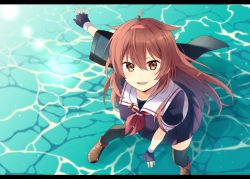Rule 34 | &gt;:d, 1girl, ahoge, black serafuku, blush, breasts, commentary request, fingerless gloves, gloves, hair between eyes, hair flaps, hairband, kantai collection, letterboxed, long hair, looking at viewer, looking up, medium breasts, neckerchief, ocean, outdoors, red hairband, red neckerchief, remodel (kantai collection), school uniform, serafuku, shiratsuyu (kancolle), smile, solo, solo focus, standing, standing on liquid, thighhighs, v-shaped eyebrows, whistle, yukichi (eikichi)