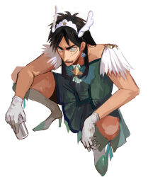 Rule 34 | 1boy, beer can, black eyes, black hair, blue bow, blue bowtie, blue dress, bow, bowtie, can, commentary request, crossdressing, dress, drink can, earrings, epaulettes, facial scar, full body, gloves, headdress, high heels, highres, itou kaiji, jewelry, kaiji, long hair, looking at viewer, magical girl, male focus, open mouth, pointy nose, scar, scar on cheek, scar on face, short bangs, sidelocks, simple background, solo, squatting, star (symbol), tearing up, teeth, upper teeth only, white background, white footwear, white gloves, yukimura821
