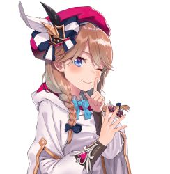 Rule 34 | 1girl, ayul (ayulneri 92), beret, blue bow, blue bowtie, blue eyes, blush, bow, bowtie, braid, brown hair, closed mouth, feathers, finger to mouth, hair bow, hands up, hat, highres, holding, hood, hood down, index finger raised, long hair, looking at viewer, noa (seven knights), one eye closed, pink hat, robe, seven knights, shushing, simple background, smile, solo, upper body, white background, wing collar