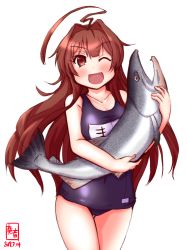 Rule 34 | 1girl, 1other, ahoge, alternate costume, artist logo, blue one-piece swimsuit, brown eyes, brown hair, collarbone, commentary request, covered navel, dated, fang, fish, highres, huge ahoge, kanon (kurogane knights), kantai collection, kuma (kancolle), long hair, name tag, one-piece swimsuit, one eye closed, open mouth, salmon, school swimsuit, simple background, smile, standing, swimsuit, thigh gap, white background